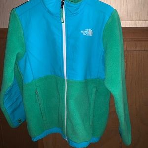 Green and blue girls North Face Denali Jacket